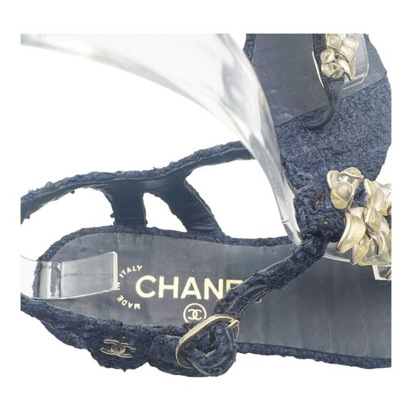 Chanel Sandals Women’s T-Strap Tweed Floral Camellia Navy Size 37 Karl Lagerfeld - Picture 5 of 7